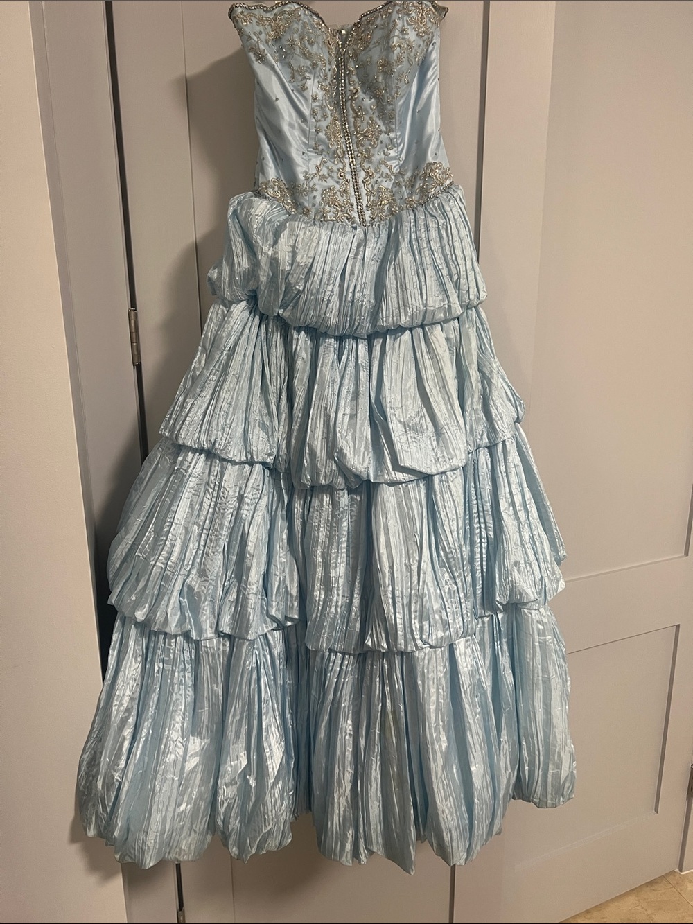 Tony Bowls Light Blue Tiered Ruffle Formal Dress with Gold Embellishment